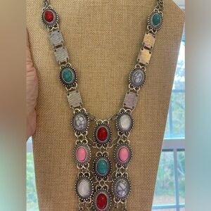 Bohemian Tribal Ethnic Necklace with Stones and Metal Fringe‎